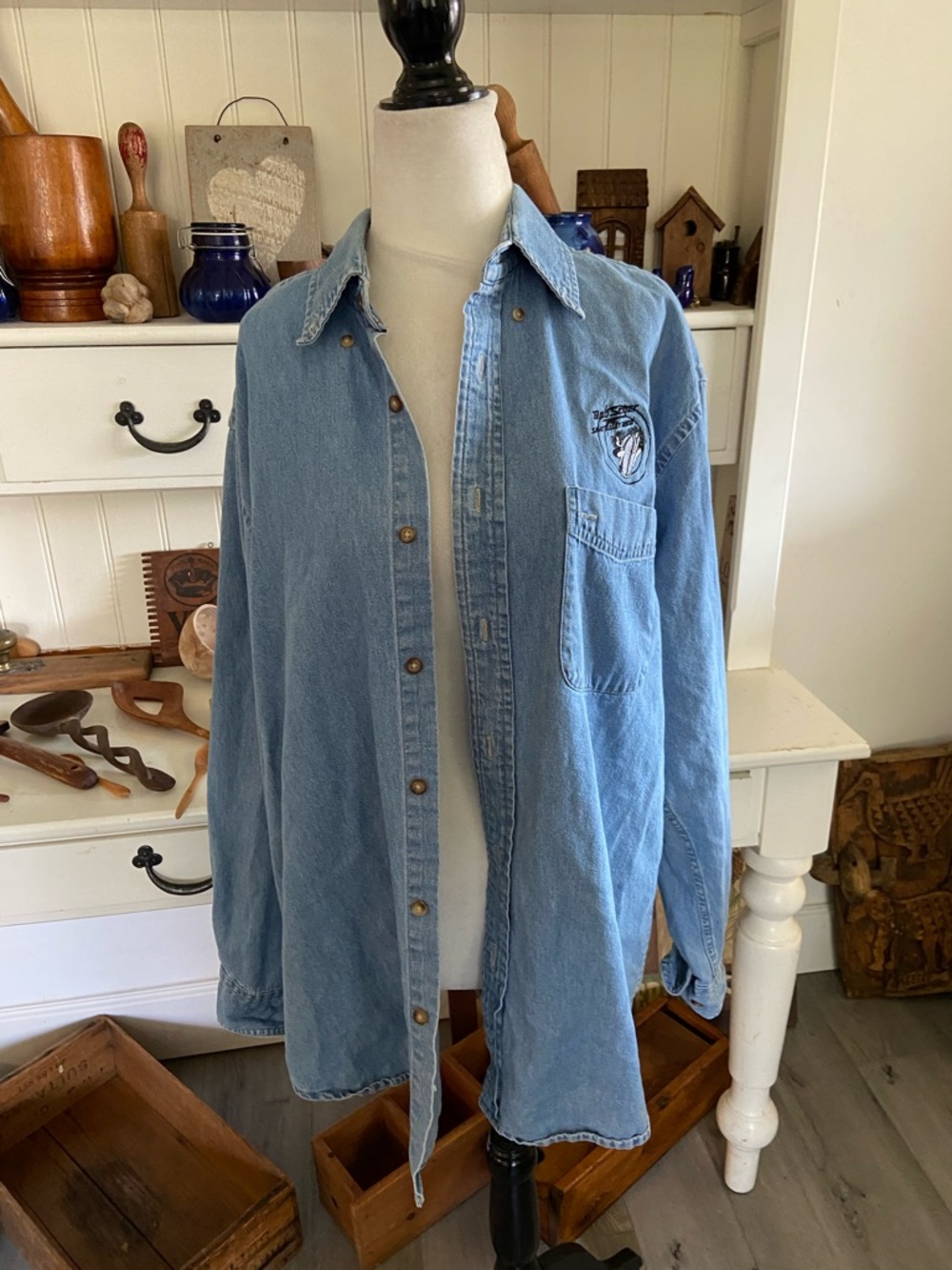 Light Wash Denim Button-Up Shirt with Embroidered Patch